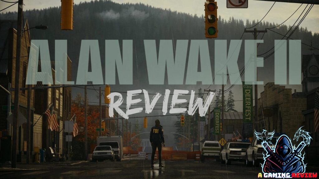 A person in a town street with "ALAN WAKE II REVIEW" text overlaid and an illustration of a hooded figure with a gaming controller in the bottom right corner.
