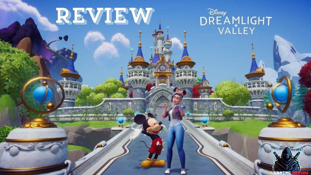 A person holding a phone stands next to Mickey Mouse in front of a grand, colorful castle. The text "REVIEW" and "Disney Dreamlight Valley" is visible at the top of the image.